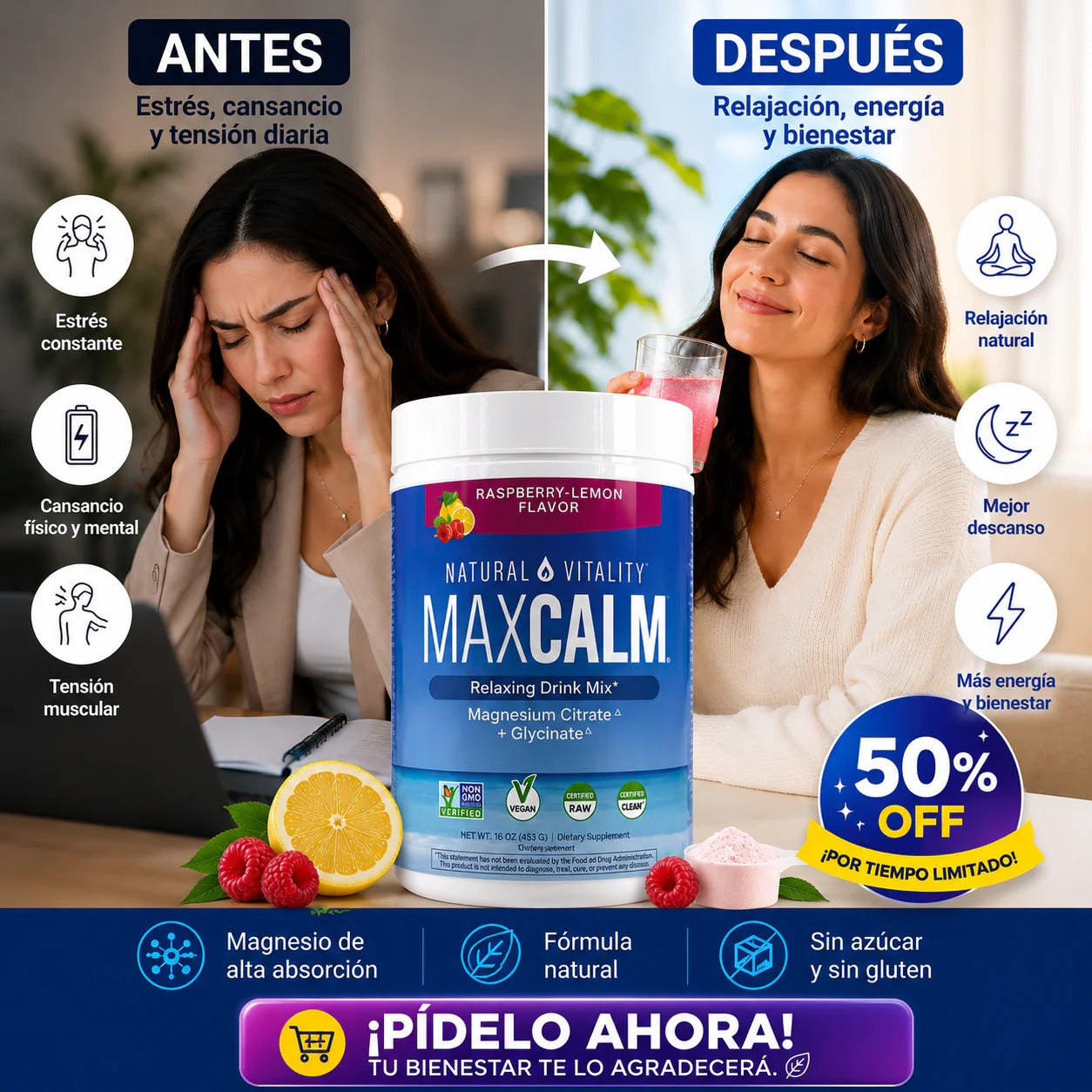 MAX CALM® Bebida Relajante de Magnesio Calma, descanso y bienestar en cada vaso, sabor frambuesa - limon