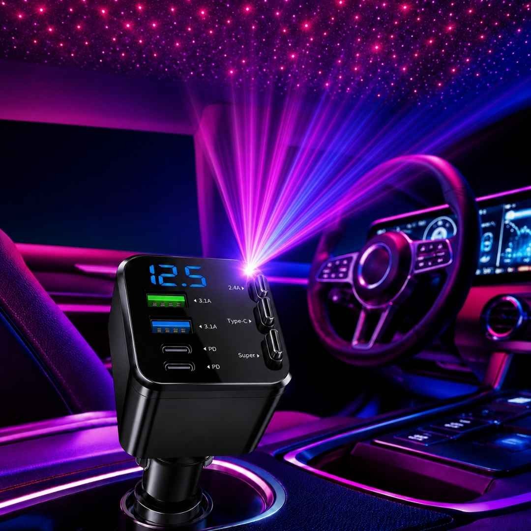 Puerto Cargador de Celular Carro 4en1 con Proyector